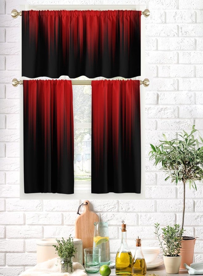 AAtter Red and Black Kitchen Curtain Valance and Tiers Set 3 Piece Abstract Burgundy Gothic Goth Ombre Striped Rod Pocket Small Short Living Room Bedroom Bathroom 52x18 inch + 26x36 inch*2 - Image 1